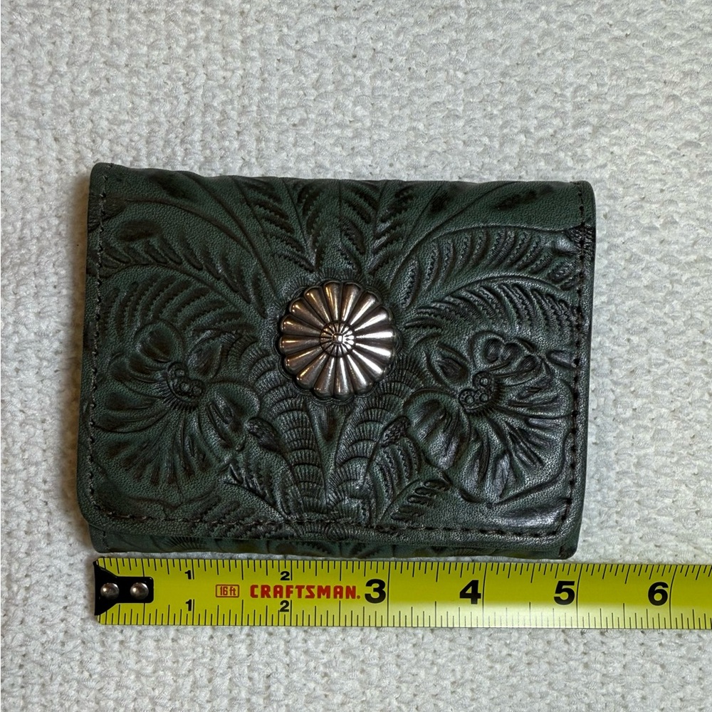 American West, Hand-Tooled Leather Wallet in Dark Green with Silver Concho - Picture 3 of 7